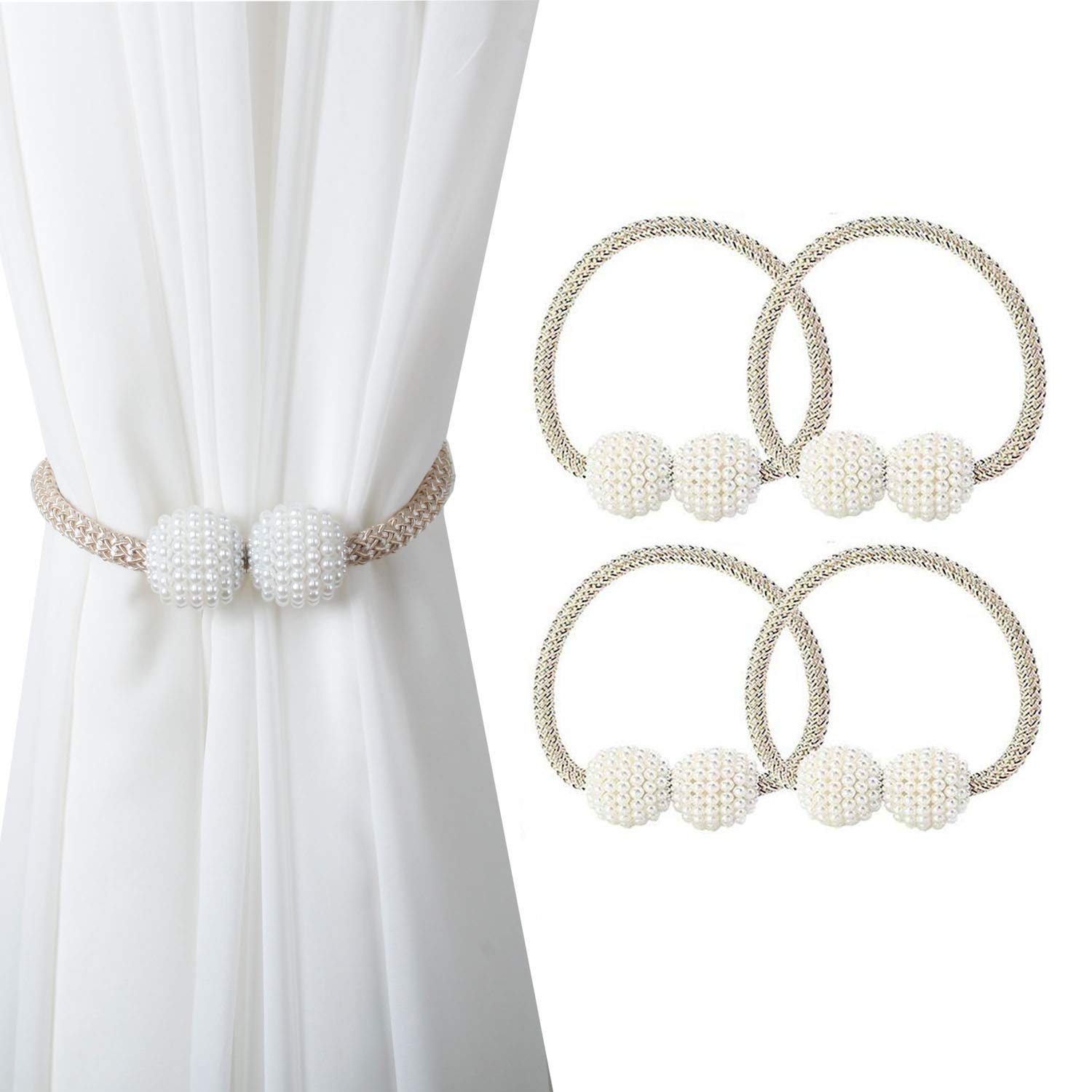 Magnetic Curtain Tie Backs, Magnetic Curtain Clips Rope Curtain Holder Buckles Small Bead Curtain Buckle Clips Rope Holders for Home Office Hotel Window Decoration (4-PACK, Beige)