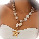 LANWLOSI Mermaid Starfish Necklace for Women Gold Seashell Starfish Pearl Necklace Chunky Shell Sea Star Pendant Neck-lace Summer Beach Surfer Outfits Jewelry Accessories for Her