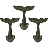 Wowser Rustic Green Patina Cast Iron Whale Tail Wall Hooks, Set of 3, Coastal Nautical Wall Mounted Coat, Towel &amp; Key Hooks, Heavy Duty Beach House Bathroom Entryway Decor, 4.5 Inch