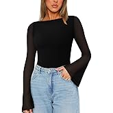 REORIA Women's Trendy Sexy Boat Neck Bell Sleeve Sheer Mesh Going Out Bodysuit Tops