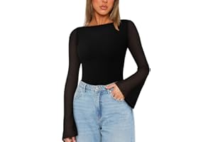 REORIA Women's Trendy Sexy Boat Neck Bell Sleeve Sheer Mesh Going Out Bodysuit Tops