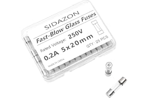 SIDAZON 25 Pack F0.2AL250V 0.2A Fast-Blow Fuse 0.2Amp 250V Glass Fuses 5 x 20 mm/0.2 x 0.78 inch Fast-Blow Glass Tube Fuse (F0.2AL,250V,0.2Amp,25pcs)