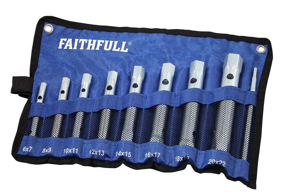 Faithfull Double Ended Box Spanner Set – 8 Piece, 16 Sizes (6 – 22mm) Spanner Kit with Tommy Bar & Storage Roll for Mechanics, Plumbers & Automotive Repairs