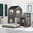 Okak House Bunk Bed with Ladder and Safety Guardrail Loft Bed with Playhouse Twin Over Full Bunk Bed for Kids, Girls or Boys Loft, No Box Spring Needed,Strong Solid Wood Slats Support,Antique Grey