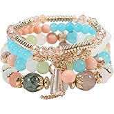 4Pcs Bohemia Multilayer Stackable Beaded Bracelets Set Colorful Crystal Stone Gold Beaded Stretch Bracelets Hawaii Charm Bracelet for Women Men Summer Beach Boho Vacation Jewelry Gifts