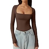 QINSEN Women's Sexy Square Neck Shirt Long Sleeve Double Lined Tees Fitted Going Out Tops
