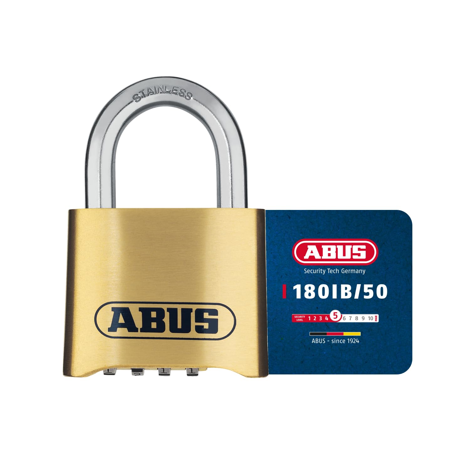 ABUS Combination Lock 180IB/50 - Brass Padlock with 4 Digit Code - Weatherproof and Stainless Steel Shackle for Garage, School, Locker, Warehouse - ABUS Security Level 5 - Brass