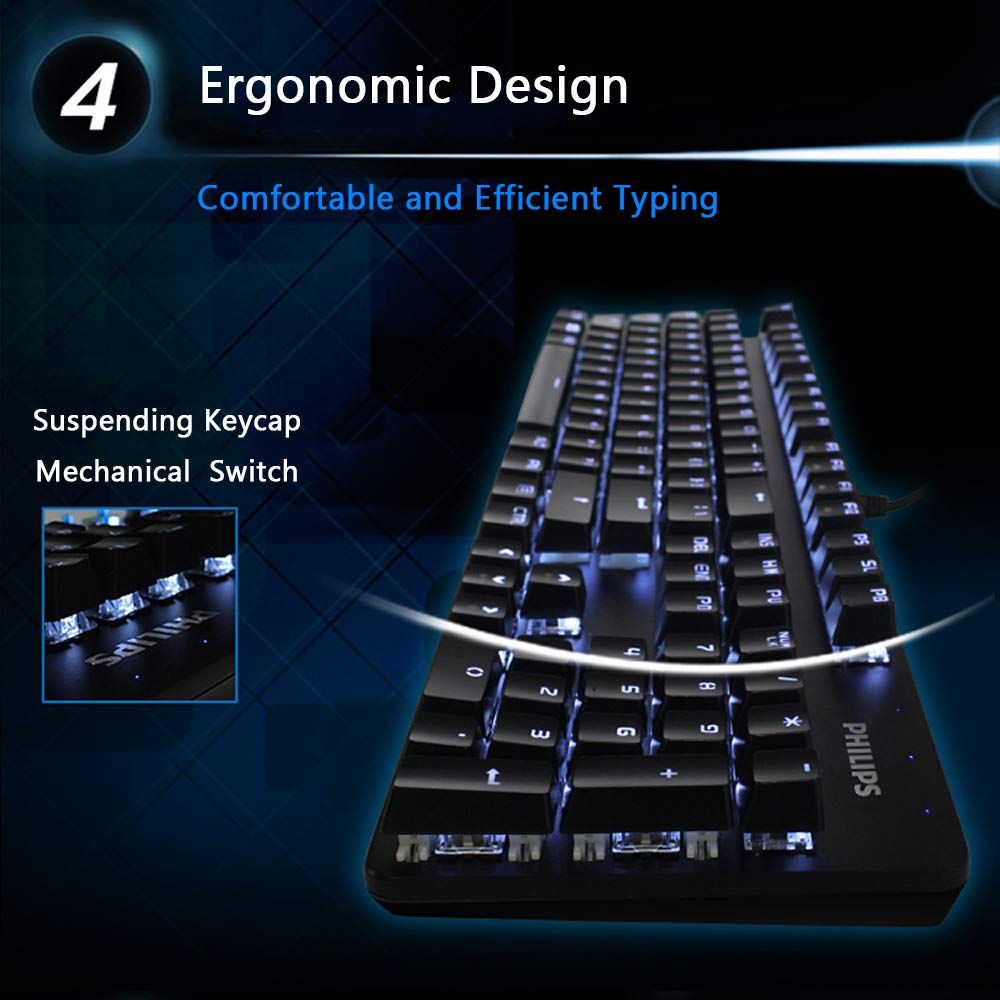 Philips Mechanical Gaming Keyboard Wired Ergonomic Keyboard with Blue Switch, LED Backlit, 9 Cool Switchable Light Effects, Aluminium Alloy Panel (Black)