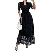 ASANDY Women's Floral Lace Short Sleeve V Neck Swing Hem Layered Fairy Wedding Bridesmaid Cocktail Maxi Dress