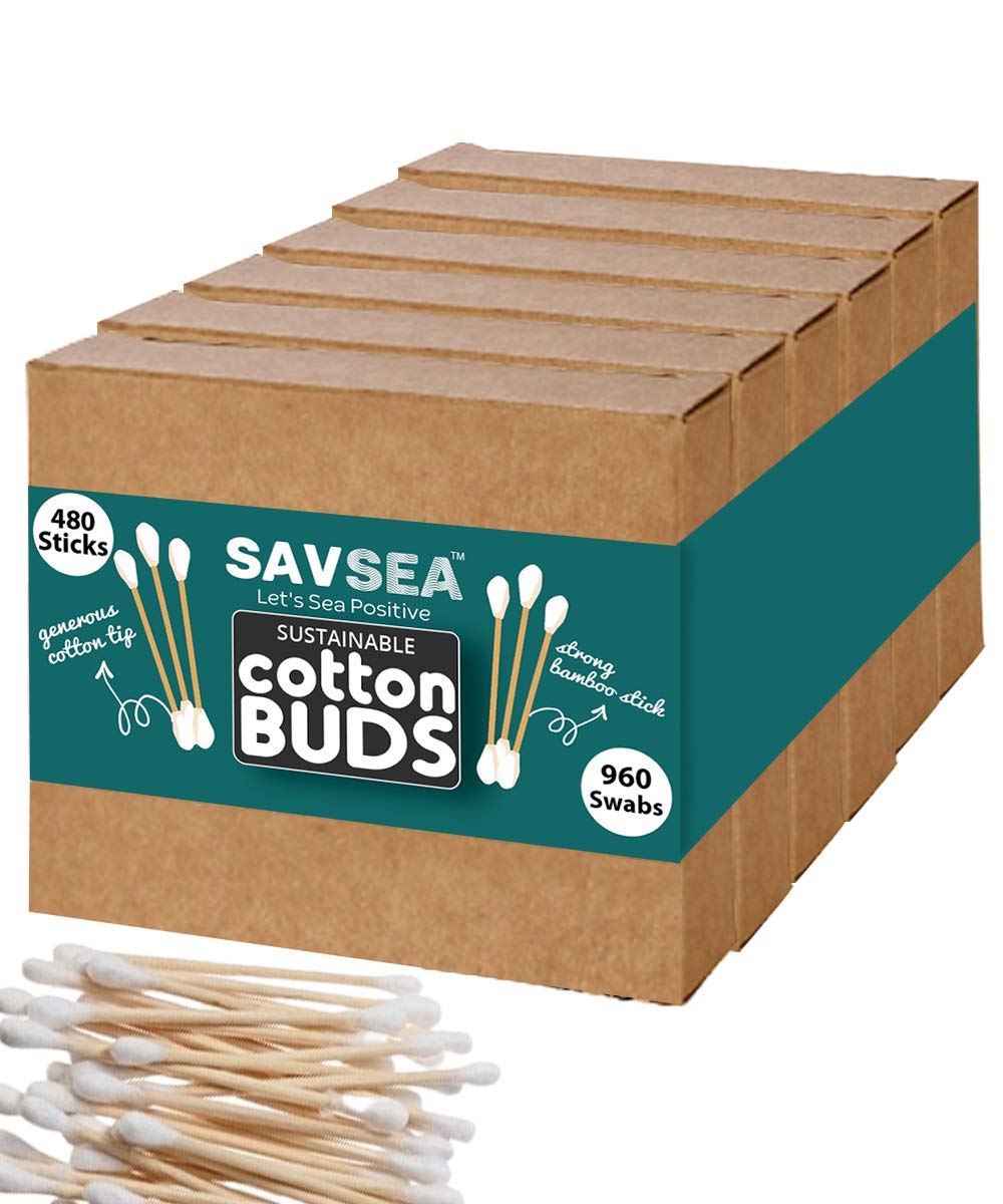 SAVSEA Bamboo Cotton ear buds swabs Multipurpose Double tip with sustainable Bamboo better than wooden stick 480 Stems 960 Swabs (80 Count Pack of 6)