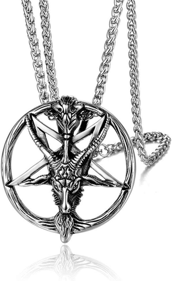 Baphomet Satanic Goat Head Inverted Pentagram Pendant Stainless Steel Pentacle Necklace 24 Inch