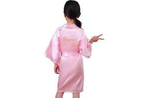 QXQTER Silky Satin Robes for Kids Girls Flower Girl Robe for Wedding Bridal Party with Gold Glitters