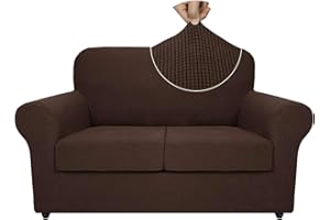 ZNSAYOTX 3-Piece Loveseat Slipcovers High Stretch Spandex Sofa Slip Cover Living Room Love Seat Couch Covers for 2 Cushion Couch Jacquard Small Checks Furniture Protector (Coffee, Loveseat)