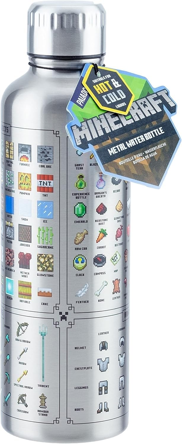 Paladone Minecraft Metal Water Bottle - Officially Licensed, Leakproof Travel Bottle for Hot & Cold Beverages, Featuring In Game Items, Gift for Minecraft Fan, 470ml (16 fl oz)