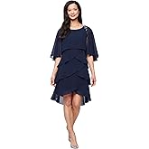 S.L. Fashions Womens Tiered Chiffon Cocktail Party Dress with Attached Cape & Beaded Shoulders (Petite and Regular Sizes)