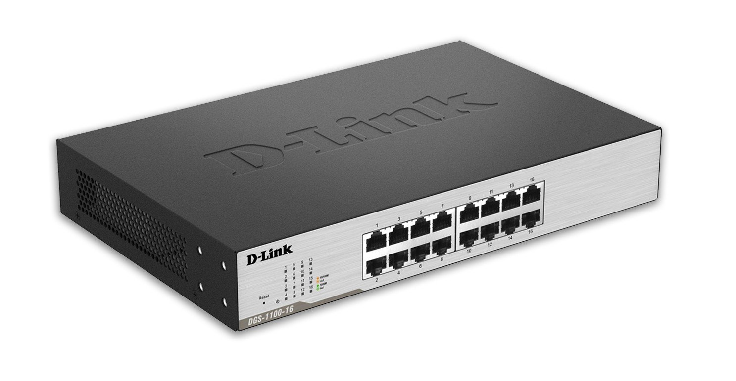 D-Link DGS-1100-16 16-Port Gigabit Smart Managed Switch, Internet Splitter, Desktop/Rackmount, Fanless, Green Energy Saving, VLAN, IGMP Snooping