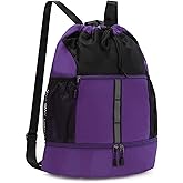 Valleycomfy Drawstring Gym Bag Sports Backpack With Shoe Compartment and Reflective Strips Purple