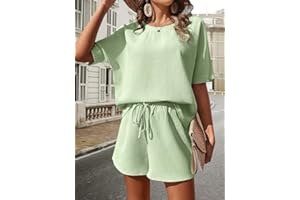 Women's 2 Piece Outfit Waffle Knit Batwing Short Sleeve Top Drawstring Waist Shorts Matching Set Soft Breathable Daily Wear