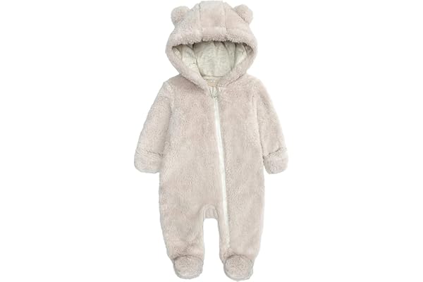 Alunsito Infant Baby Fleece Jumpsuits Newborn Plush Bear Ear Sleepwear Hooded Romper Zipper Long Sleeve Bodysuit Footies