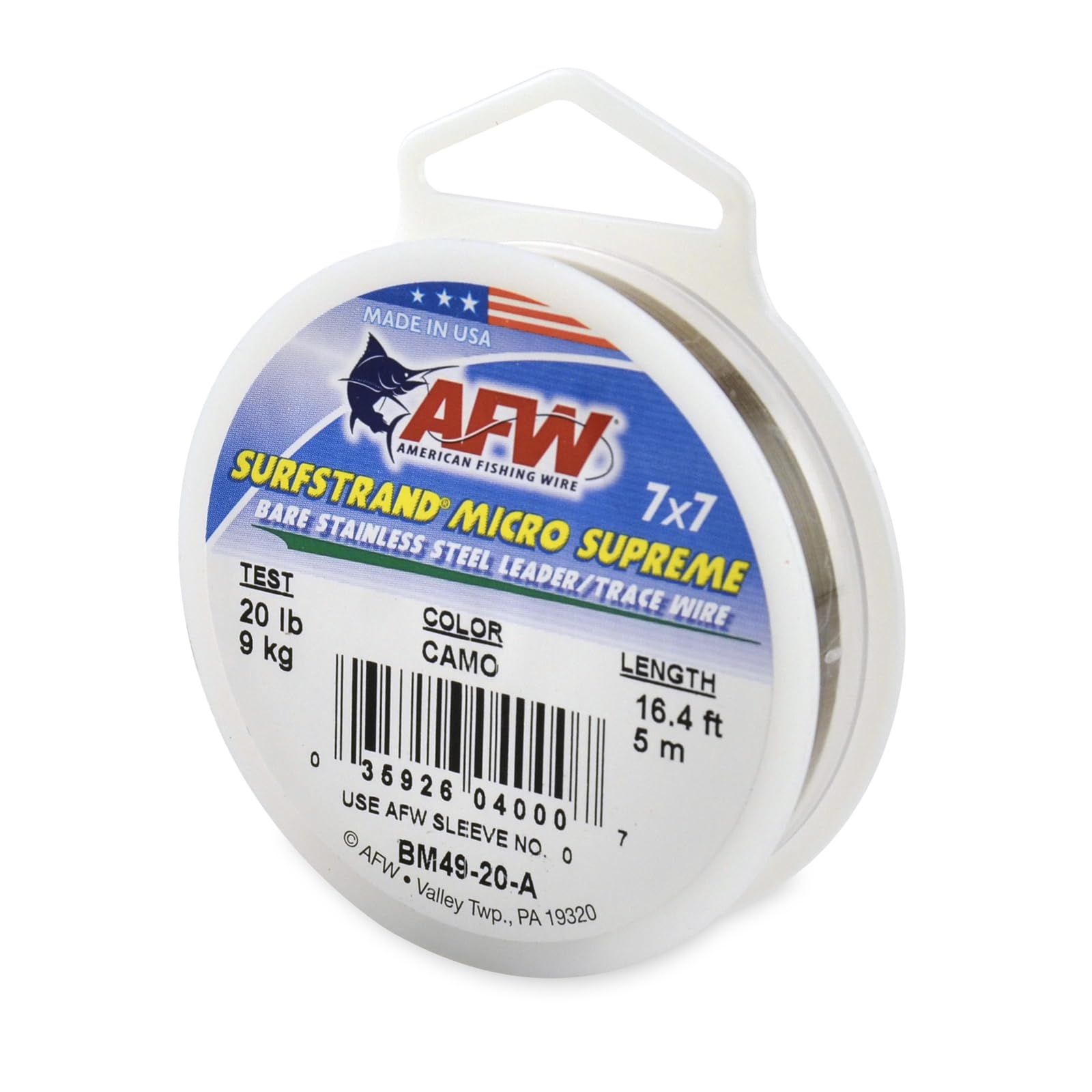 American Fishing Wire Surfstrand Micro Supreme, Bare 7x7 Stainless Steel Leader Wire, 20 lb Test, 0.011" Diameter, Camo, 5m