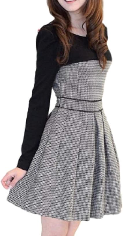 Amazon Co Jp ドロップドロップ スリム ラウンドネックワンピース 千鳥格子 S 服 ファッション小物