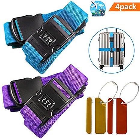 Gepäckgurte, Buluri Verstellbare Rutschfeste Koffergurte + Passwortsperre Clip+ GRATIS 2 Kofferanhänger zum sicheren Schließe