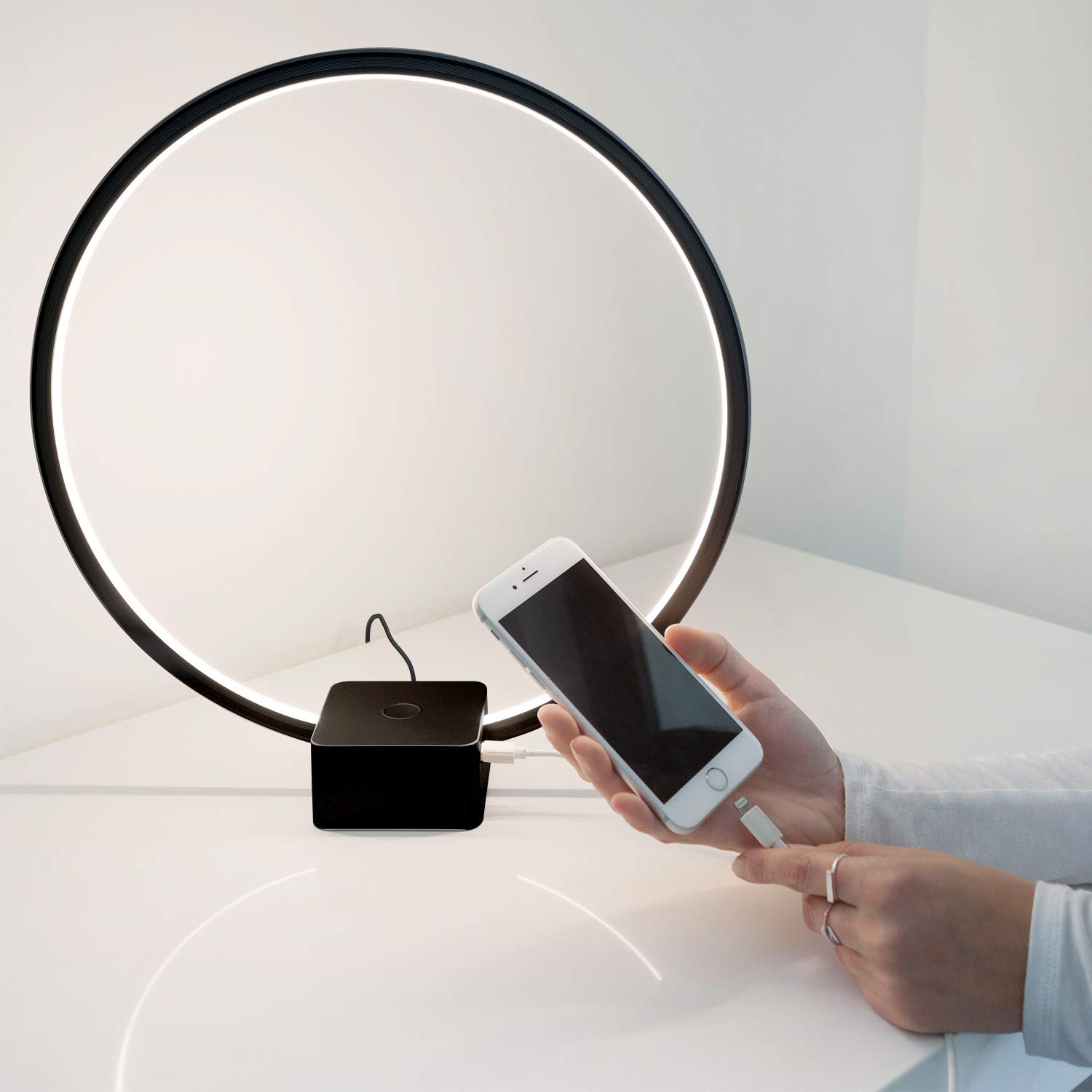 Brightech Circle LED Nightstand Lamp with USB Port – Compact Bed Stand Lamp for Bedroom, Living Room - Modern Asian Table & Desk Lamp on Side & End Tables - Jet Black
