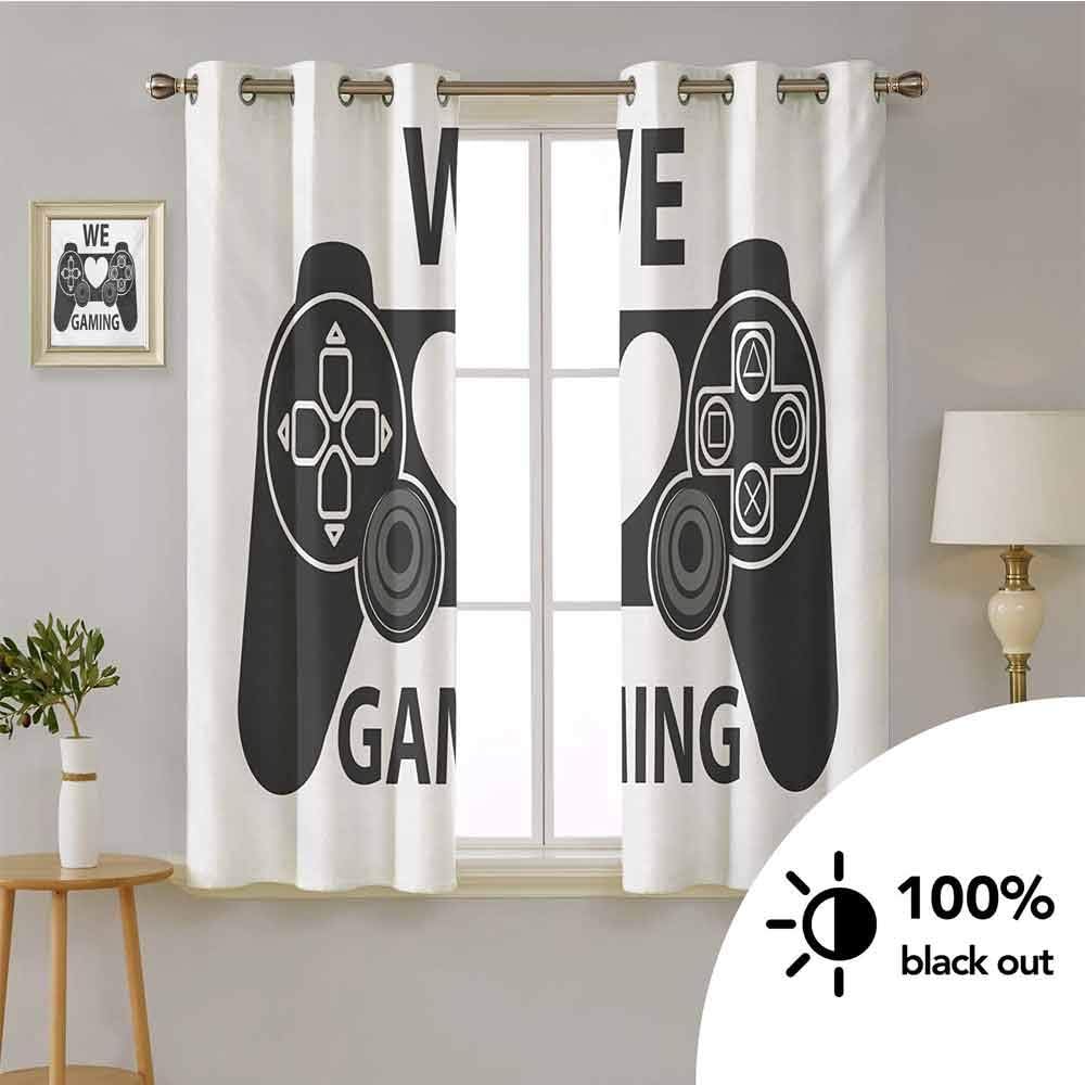 HouseLook Gamer -Thermal Insulated Blackout Curtains We Love Gaming Quote Greyscale Controller Design with Heart in The Middle -Window Curtain Set for Living Room W63 x L45 Inch Charcoal Grey White
