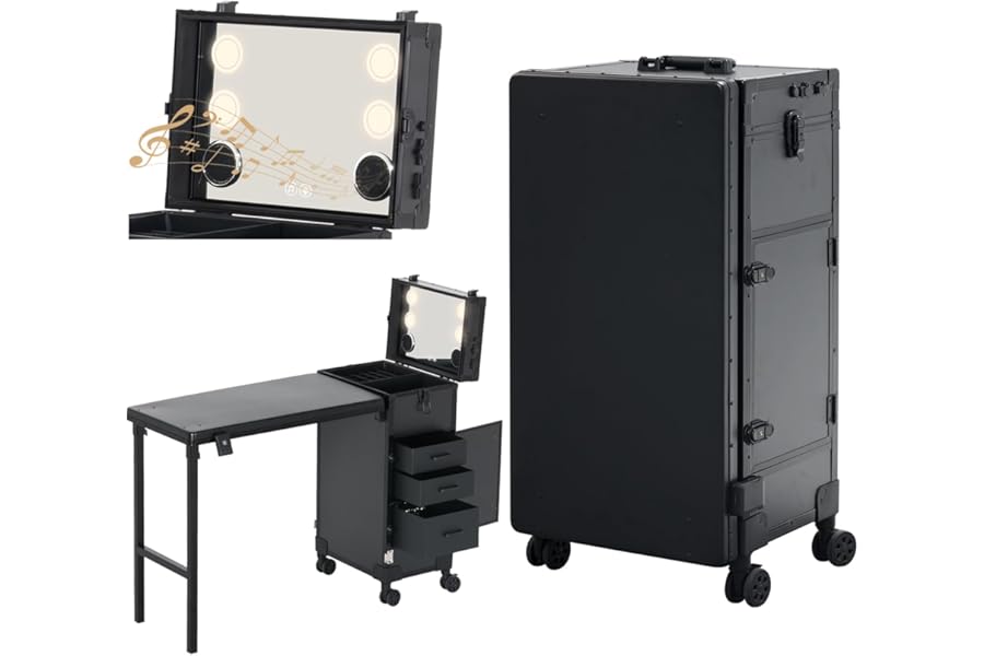 Rolling Portable Manicure Table with 3 Drawers, Lockable Makeup Train Case with Mirror & Nail Polish Organizer, Foldable Nail Desk with Wheels & Handle for Mobile Nail Techs & Salon Use, Black