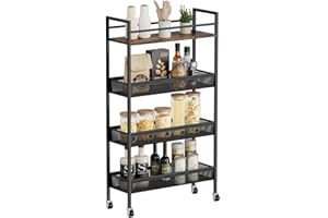 Dunatou Slim Kitchen Storage Cart, 4-Tier 5.9 in Wide Kitchen Slim Rolling Cart, Narrow Metal Kitchen Cart with Handle and Wood Top, Metal Organization and Storage Shelf for Kitchen, Bathroom, Black