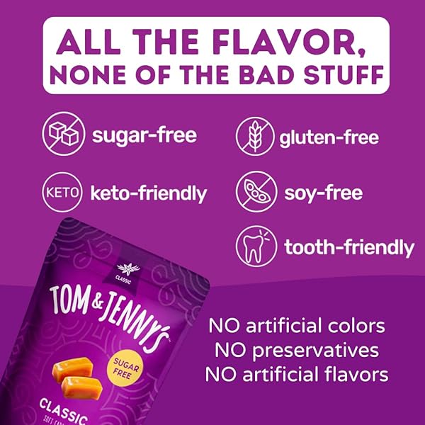 TOM & JENNY’S SUGAR FREE CANDY SOFT CARAMELS INDIVIDUALLY WRAPPED – SEA SALT & VANILLA – LOW NET CARB KETO ZERO SUGAR CANDY WITH ALLULOSE & MALTITOL (CLASSIC CHEWY CARAMELS) 1 PACK