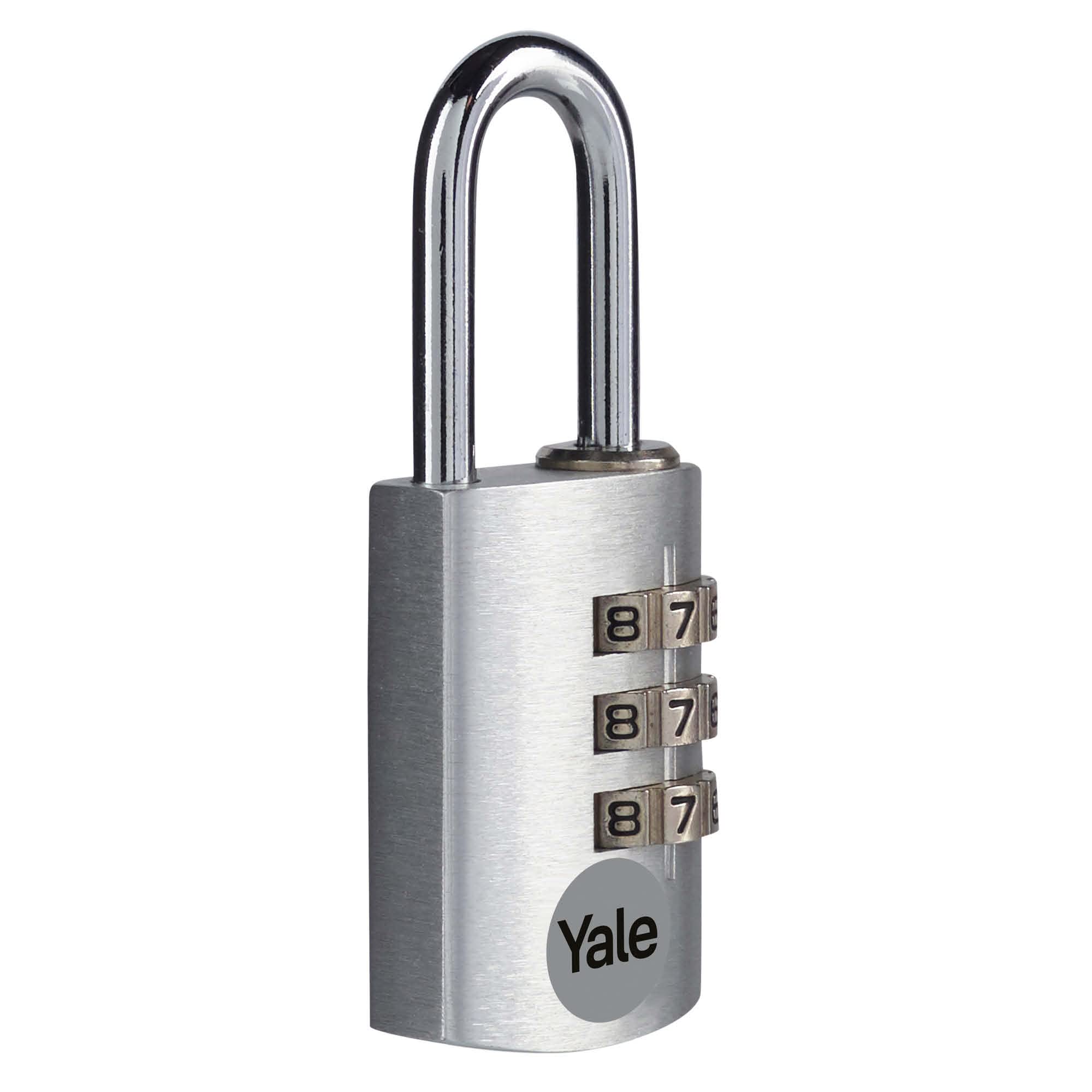 Yale - YE3CB/20/121/1/S Standard Security 20mm Aluminum Combination Padlock - Silver - Open Steel Shackle - 3 Digit Combination Lock