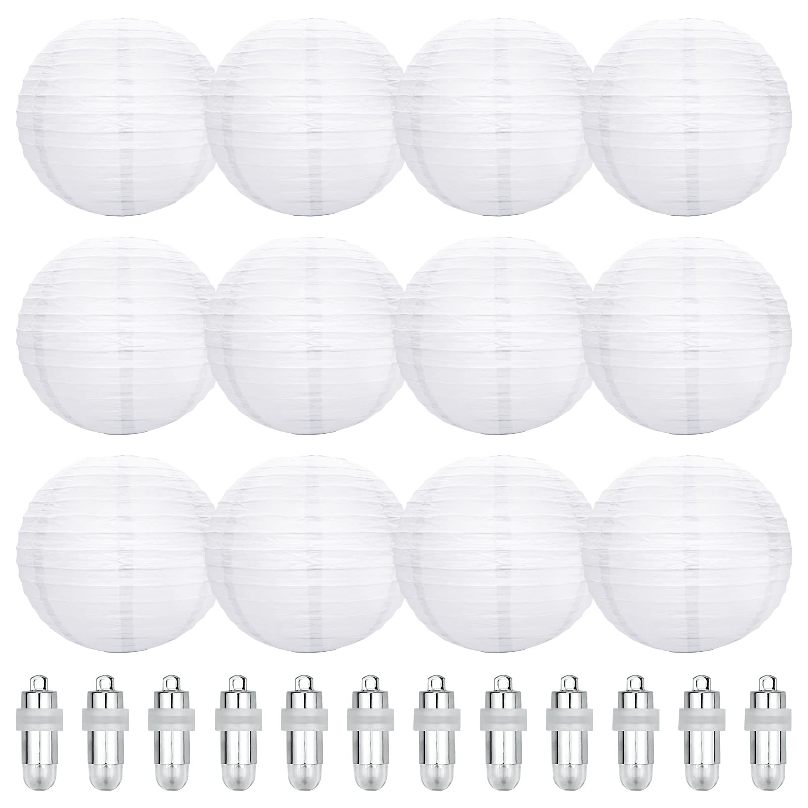 12PCS White Paper Lantern, 20cm Round Paper Lanterns with White Mini Led Lights Hanging Decorations Ball Lanterns Lamps for Garden Deco, Night Parties, Garden, Family Celebrations