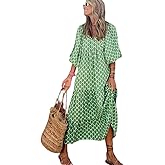 TIAFORD Womens 2024 Casual Boho Maxi Dresses V Neck Puff Sleeve Geometric Pattern Smocked Ruffle Flowy Beach Long Dress