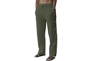 TRFIC Mens Linen Pants Summer Casual Button Straight Beach Pants Baggy Elastic Waist Drawstring Yoga Trousers with Pockets