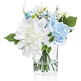 WELL KNOWN Artificial Flowers in Glass Vase with Fake Water, Silk Rose Dahlia Flower Bouquet for Home Dinning Tea Table, Office Desktop, Hotel, Wedding, Party, Lavatory Decor & Gift (Blue & White)