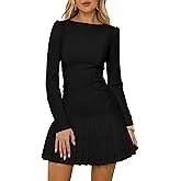 Aprilake Women's Long Sleeve Mini Dress Sexy Boat Neck Pleated A-line Party Dresses