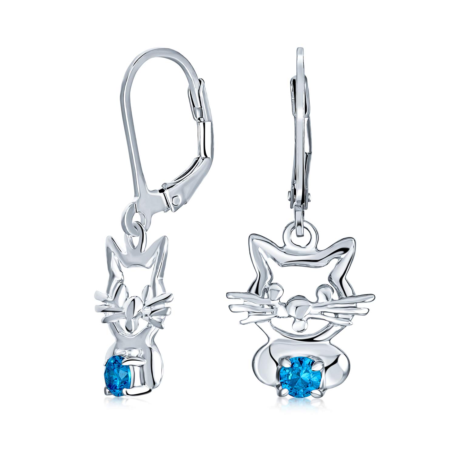 Small Kitty Kitten Animal Pet Blue CZ Accent Dangle Cat Earrings For Women Teen .925 Sterling Silver Leverback