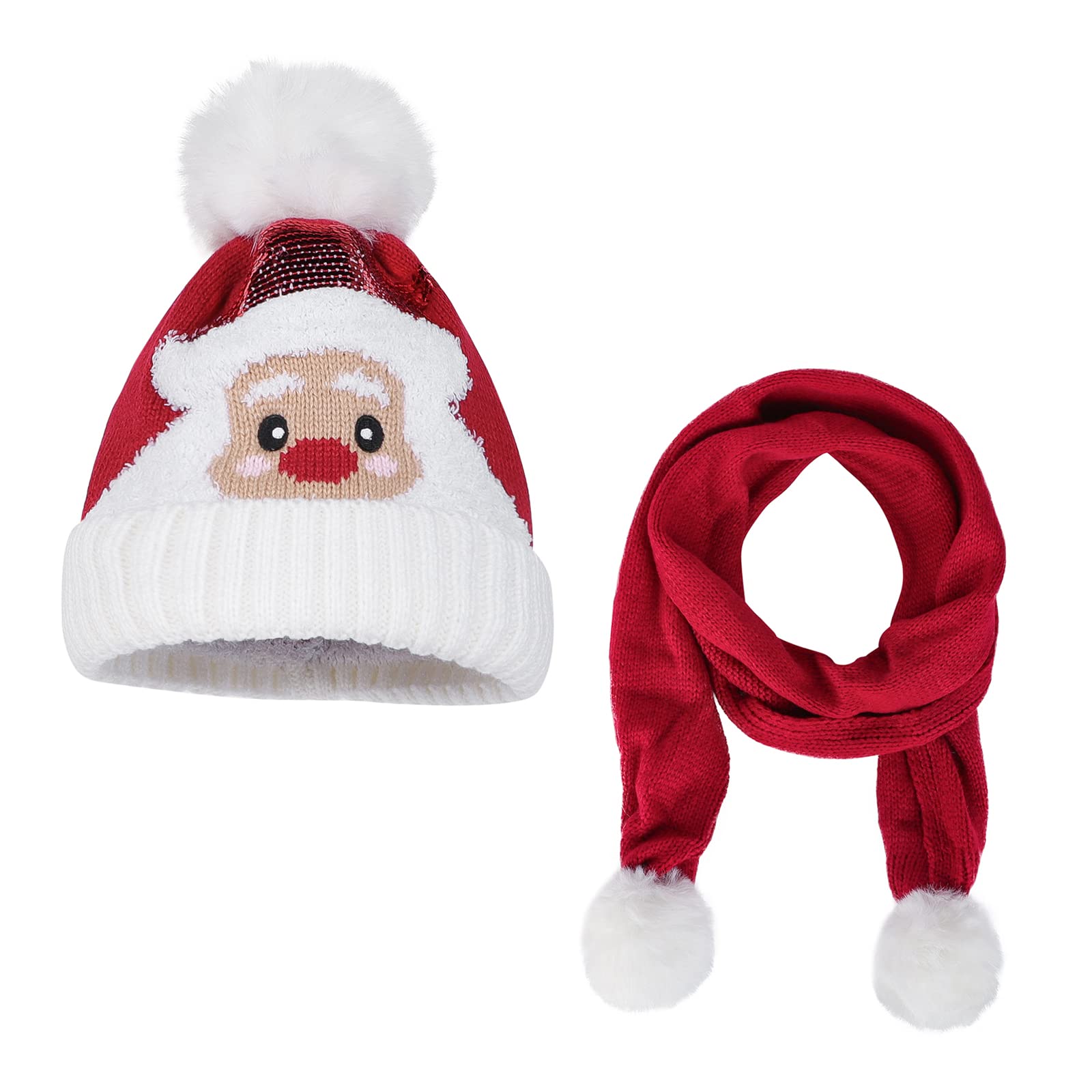 LONTG Kids Christmas Santa Hat and Scarf Set Xmas Beanie Knitted Hat Toddler Santa Claus Hat Xmas Party Hat Costume Children Christmas Pom Bobble Hat Neck Warmer for Boys Girls 3-10 Years Old