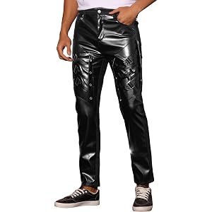 Black Faux Leather Pants for Men's Slim Fit Hip Hop Nightclub PU Biker Pants 36
