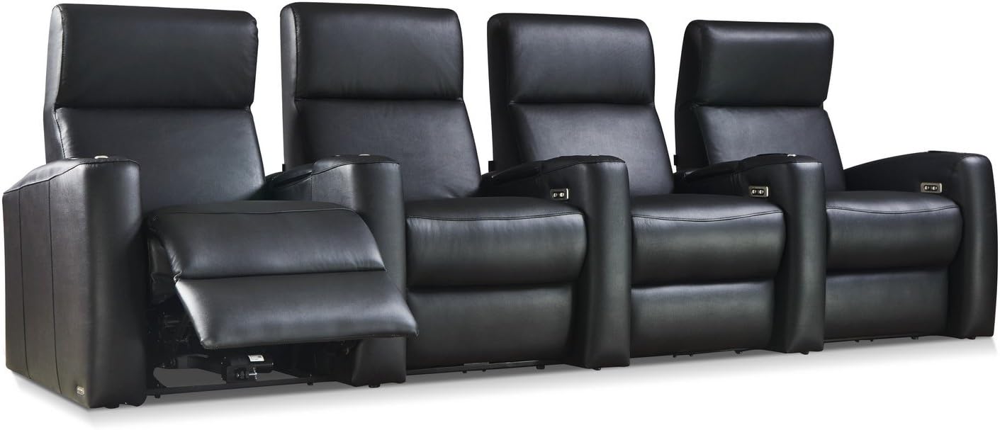 Wave HR Series - Octane Seating - Home Stadium Seating - Black Top Grain Leather - Power Recline - Motorized Headrest (Row of 4)