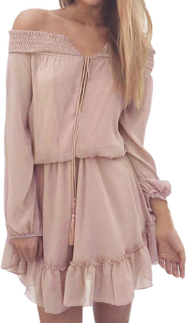 HARRYSTORE Women's Halter Off Shoulder Pleated Ruffle Chiffon Short Mini Dress Sexy Cocktail Formal Evening Party Wedding Chiffon Dress Long Sleeve