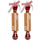 Set of 2 Hand Blown Glass Rolling Pin Ornament for Christmas Tree, Hanging Glass Baking Ornament