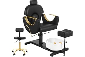 V VDLONSY Pedicure Station No Plumbing, Hydraulic Pedicure Chair, Height Adjustable Reclining Pedicure Station Unit, 360 Degree Swivel Foot Spa Chair with Footrest and Massage Foot Bath Gold Black
