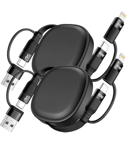 5-in-1 Retractable Fast Charging Cable 2 Pack - 60W USB C To C & Lightning Cable For IPhone, IPad, MacBook