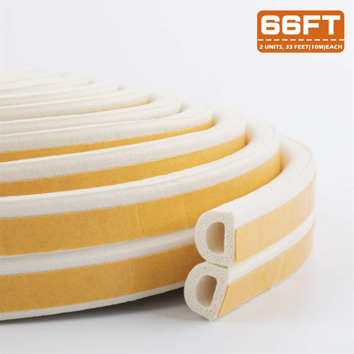 Door Weather Stripping, Self-adhisive Window Seal Strip for Doors and Windows- Foam Weather Strip Door Seal | Soundproof Insulation Gap D Type 66ft(20m) 2 Pack (White)