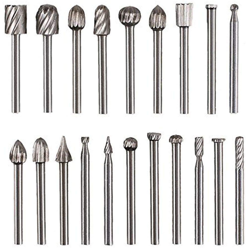 Gasea 20pcs HSS Mini Router Burr Set, 3mm (1/8") Shank Rotary File Cutters, Wood Milling Carving Drill Bits