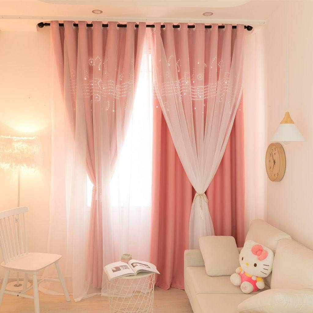 Double-Layer Curtain, Sheer Voile Mix Match Blackout Thermal Insulation Room Drapes with Grommet Drapery Great for Living Room Bay Window Girl Bedroom-300x200cm(118x79inch)-Pink 1 Panel