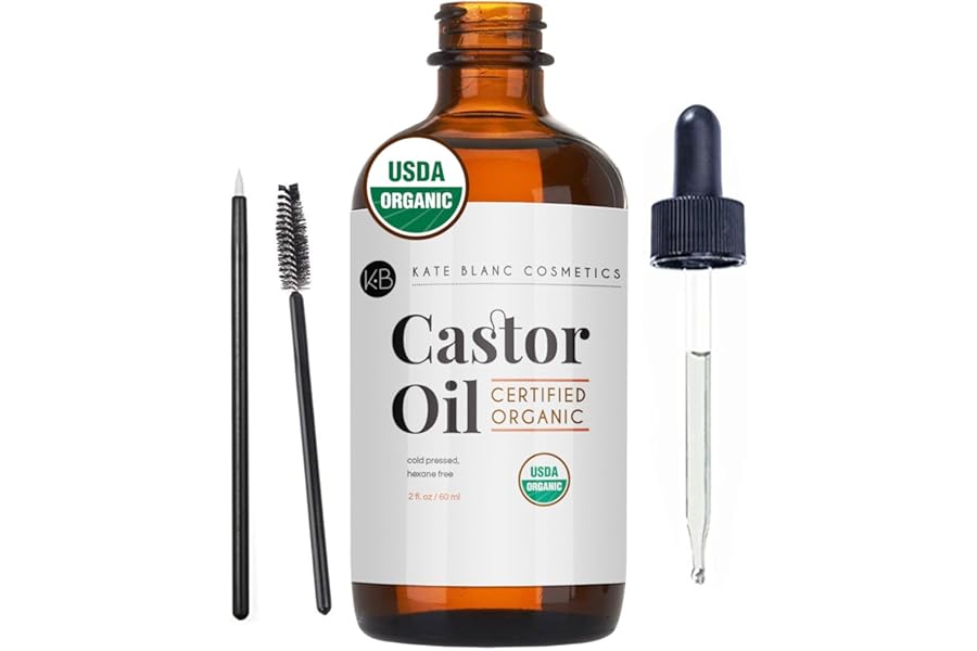 Kate Blanc Cosmetics Castor Oil Organic for Hair, Lashes, Face (2oz), 100% Pure, Cold Pressed, Hexane Free. Eyelash Serum for Thicker-Looking Eyelashes & Eyebrows