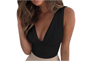 NARHBRG Sexy Crop Tops for Women Elegant Sleeveless Cropped Tank Top Ruched Deep V Neck Workout Tops Plunge Shirts
